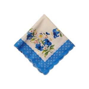 Linen Blue Lily Floral Handkerchief Scalloped Cottage Core Bridesmaid Granny